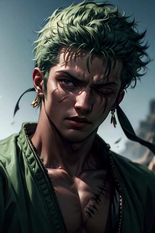 roronoa zoro, three swords on his waist, green outfit, green hair (vertical scar across the left eye), symmetrical body, muscular body, (closed left eye), full_body_portrait, cinematic lighting, high contrast, art station, character concept art, 8K, uplight, cinematic, (21 years old)