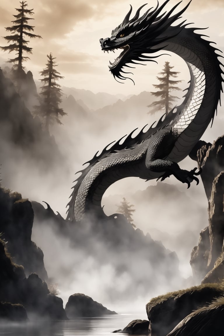 It depicts a dragon hiding in a quiet forest. The dragon's scales reflect light and shine in the sunlight that filters through the trees. Fantastic flowers and plants bloom around the dragon, creating a beautiful scene where the dragon and nature seem to be one. Deep in the forest, a faintly glowing waterfall can be seen, highlighting the dragon's presence.,dragon