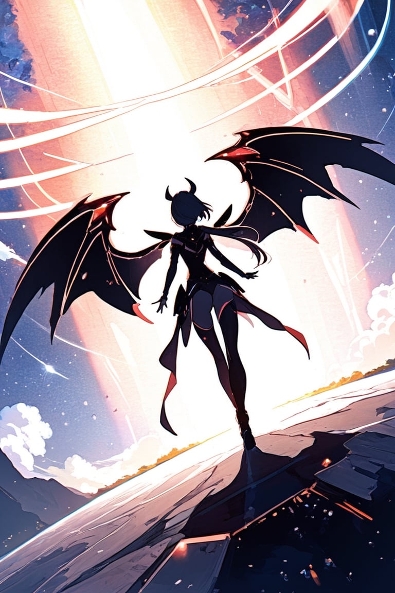 absurdres, highres, ultra detailed, Mecha girl,devil wing,spread both hands,BREAK,cosmic, awe-inspiring, vantage point, panoramic, sublime, majestic, overlook, scenery, breathtaking, expansive,dynamic angle,dynamic pose