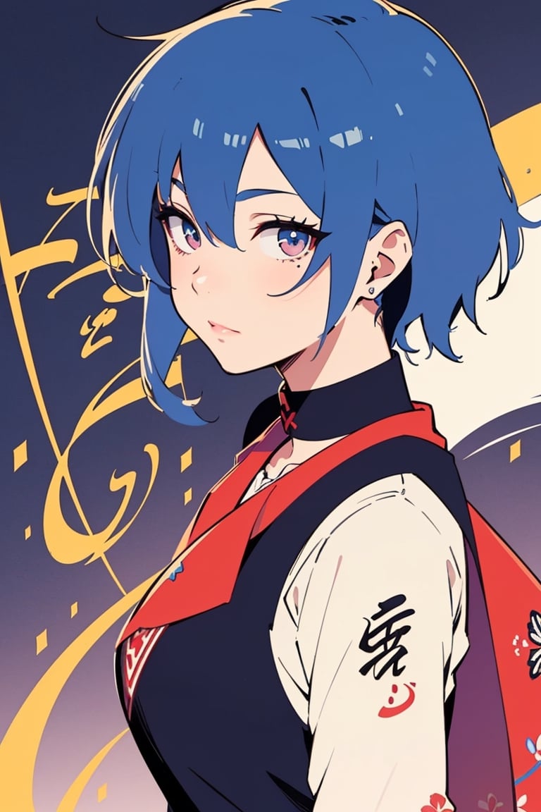 upper body,Beautiful blue-haired samurai girl with a cute choker around her neck,battle of sekigahara,dynamic angle,BREAK,((calligraphy patterns:1.4), artistic lettering, beautiful scripts, visual poetry, cultural expression, decorative writing)