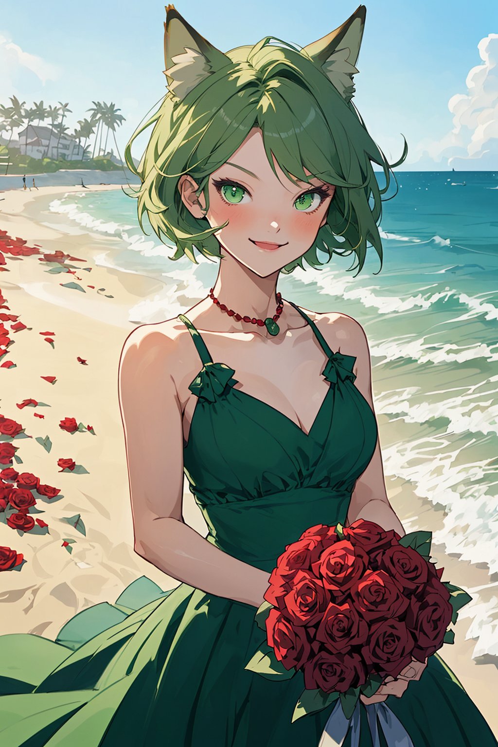 masterpiece, best quality,catgirl,smilling,light green short bob hair, beautiful green eyes,blue party dress,holding bouquet of red roses,beach background,dynamic pose,dynamic angle