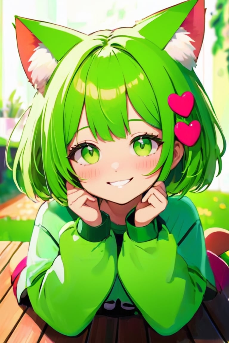 Smile, a girl, cat ears, (light green:1.4) Short Bob, Beautiful green eyes,paw pose