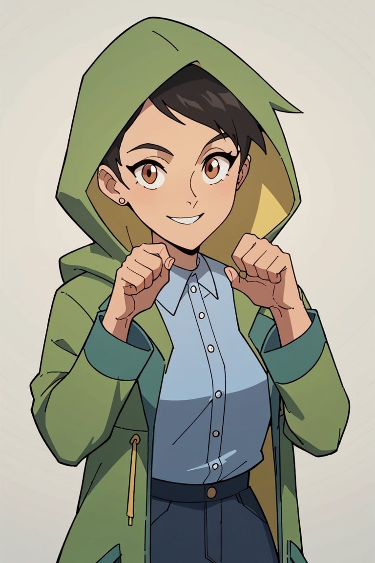 score_9, score_8_up, solo, 1girl, llmaws, blue shirt, tucked shirt, light smile, looking at viewer, buttons, green coat, hood down, cute pose, upper body