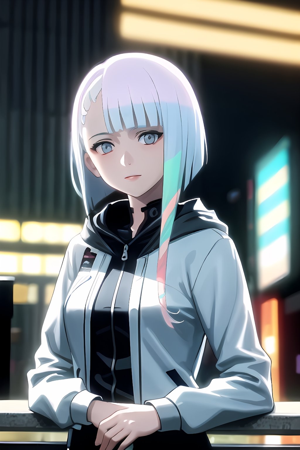 ((best quality)),((highly detailed)),masterpiece,absurdres,detailed face,beautiful face,(detailed eyes, deep eyes),1girl,((dynamic pose)) ,  lucy, multicolored hair, hood, solo, smoking, looking at viewer, bangs, multicolored eyes, smoke, long sleeves, short hair, night, cyberpunk, blunt bangs, makeup, jacket, upper body, outdoors, city, building, green hair, cityscape, parted bangs, outdoors,Lucy