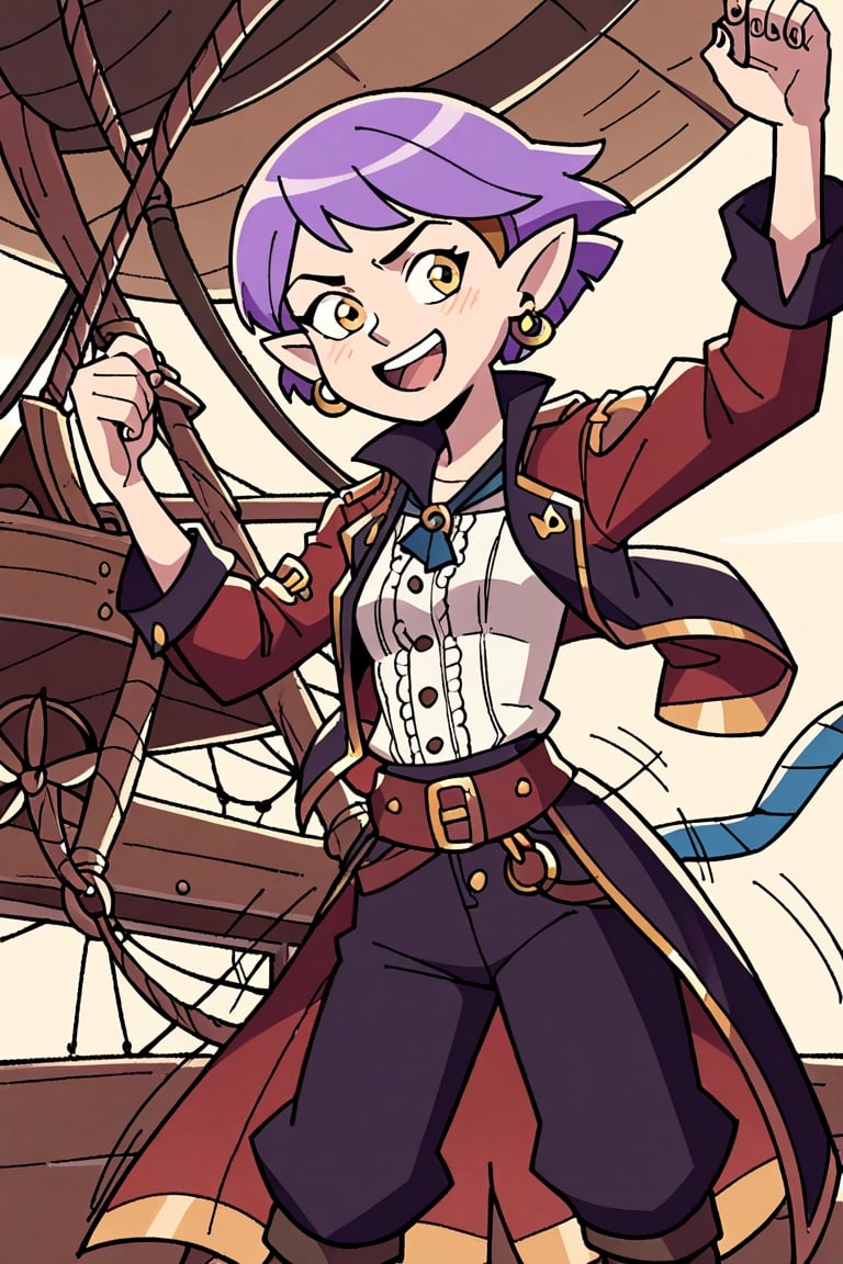 score_9, score_8_up, score_7_up, 1 teen girl, Amity Blight, short purple hair, pointy ears, small breast, yellow eyes, pirate outfit, pirate ship, motion lines, cartoon,