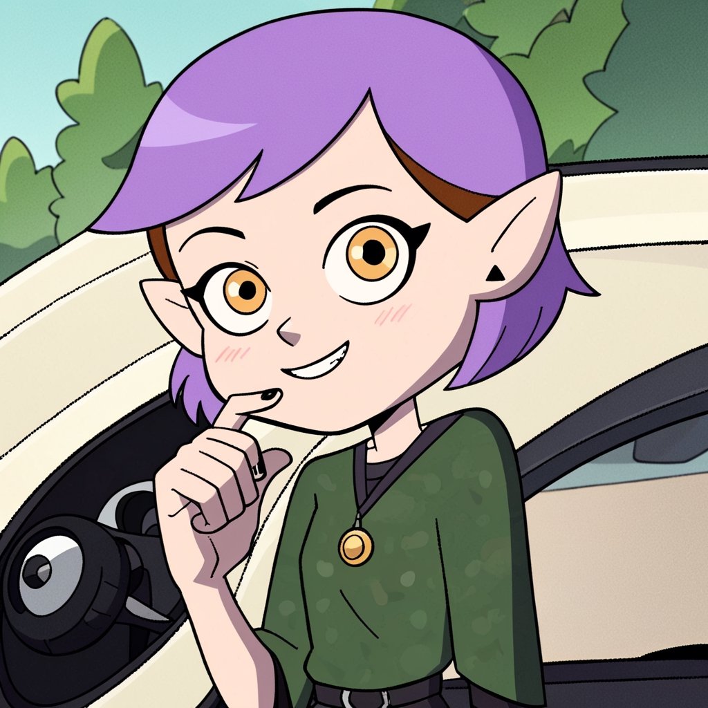 score_9, score_8_up, score_7_up, 1 teen girl, Amity Blight, short purple hair, pointy ears, black eyeliner, black make-up, green military camuflage outfit, yellow eyes, cute face expression,, sitting on a sport car, looking at viewer, cartoon,