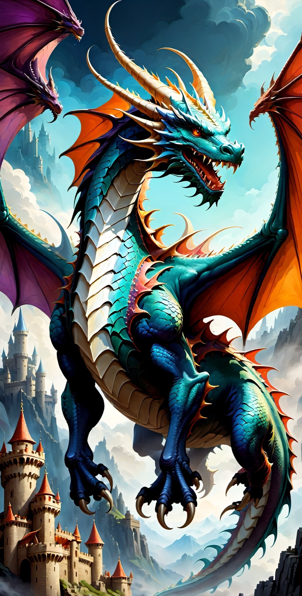 Create a digital illustration of a ((("Fantasy Dragon"))) inspired by the works of renowned fantasy artist Wayne Reynolds. The dragon should be in a dynamic mid-flight pose against a backdrop of an ancient, sprawling castle. Apply a detailed and painterly art style, using rich, vivid colors and fine textures. The camera shot should be a dynamic extreme close-up to emphasize the dragon's fierce expression.
