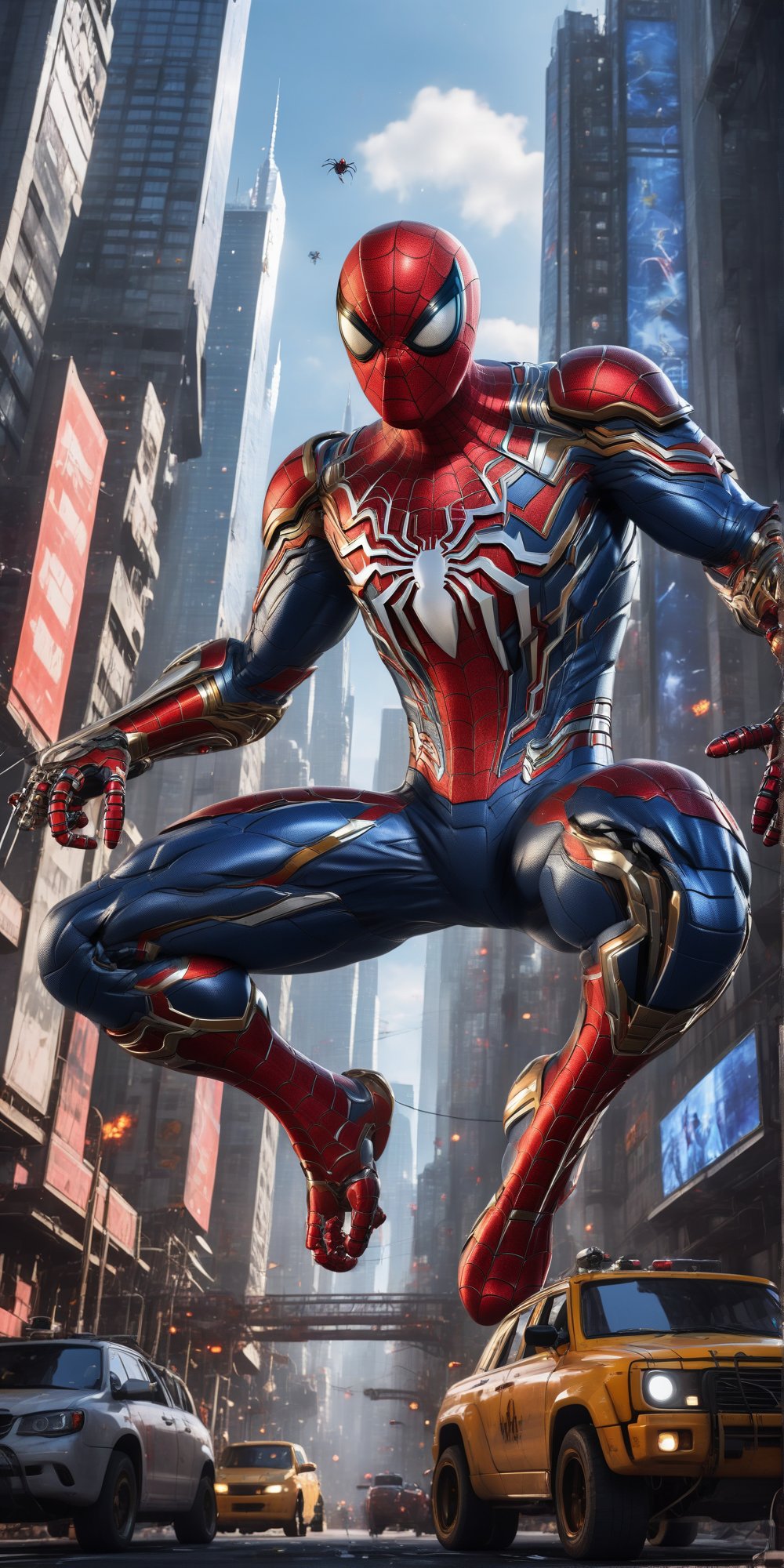 A sprawling metropolis serves as the backdrop for an intense battle scene. Angry Spiderman Mecha Robo Soldier stands tall, its blue armor glistening under cinematic lighting's warm glow. The anthropomorphic figure holds a golden staff in one hand and brandishes futuristic weapons with the other, ready to take down the enemy. Red lighting accents the suit's metallic sheen, as if infused with fiery determination. Reflection mapping creates an unparalleled level of realism, making this 32K UHD image feel like a window into a hyperdetailed world.