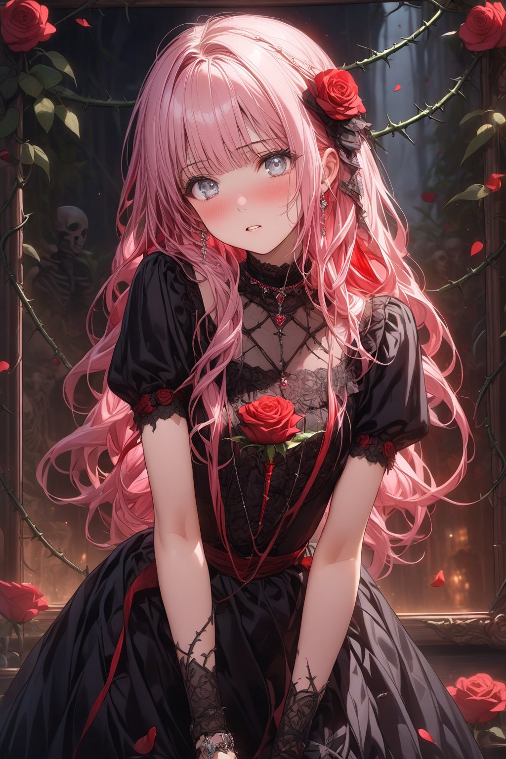 masterpiece, best quality, extremely detailed, (illustration, official art:1.1), 1 girl ,(((( light pink long hair)))), light pink hair, ,15 years old, long hair ((blush)) , beautiful face, big eyes, masterpiece, best quality,(((((a very delicate and beautiful girl))))),Amazing,beautiful detailed eyes,blunt bangs((((little delicate girl)))),tareme(true beautiful:1.2), ,masterpiece, best quality,1girl, solo, flower, long hair, rose, red hair, red flower, heart, grey eyes, thorns, red rose, vines, dress, looking at viewer, parted lips, bangs, black flower, black dress, gloves, holding, plant, very long hair, skeleton, ring, white background, black rose, picture frame, card, frills, black gloves, white eyes, blurry ////////, ,