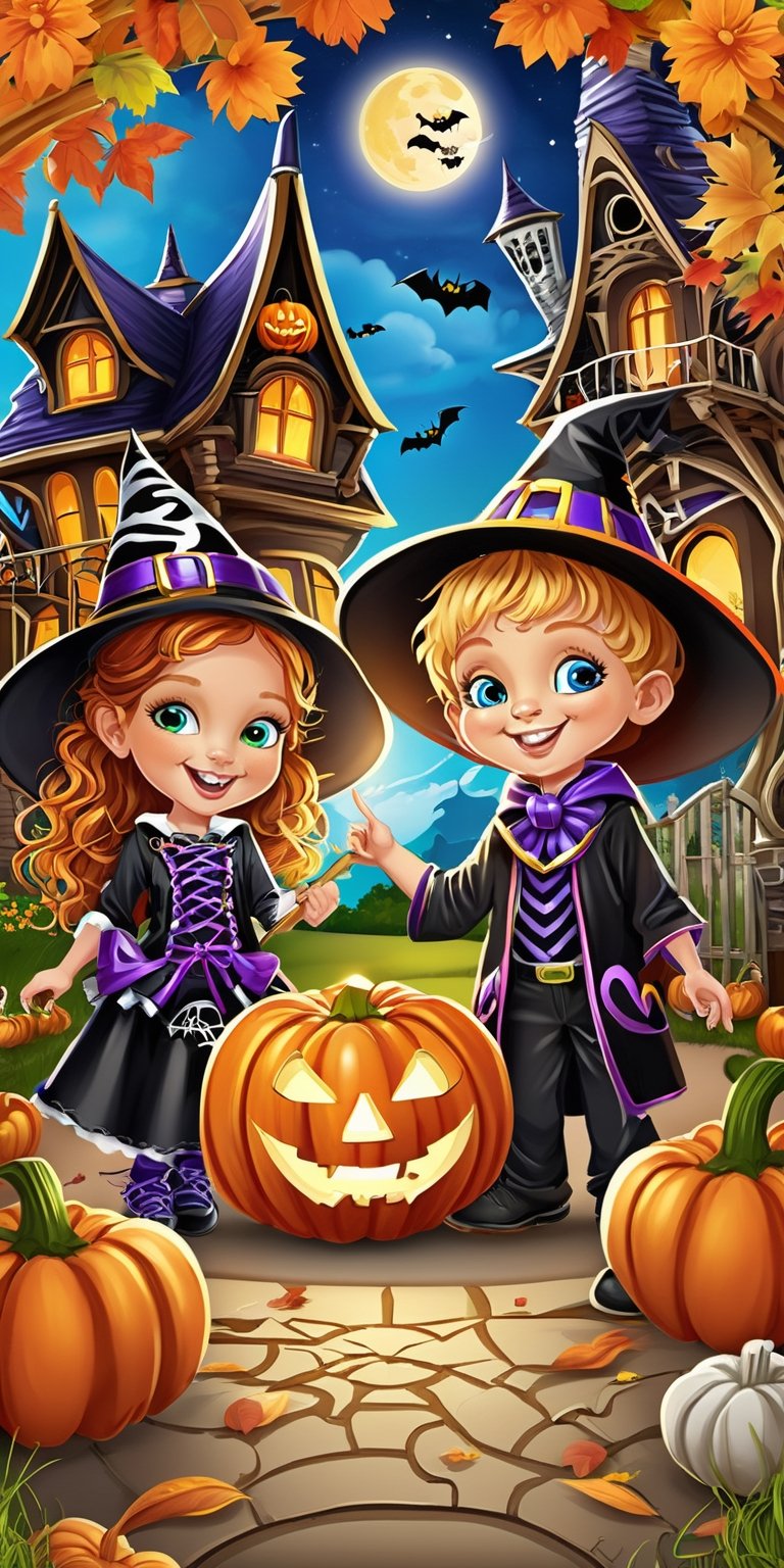 "Imagine a charming Halloween scene featuring a group of kids wearing intricate and imaginative Halloween costumes. The children should be portrayed in a fun and vibrant setting, with their costumes showcasing a high level of detail and creativity. The backdrop should exude a festive Halloween atmosphere. To capture the intricate costume designs, utilize a high-resolution setting and a wide-angle lens for a comprehensive view."
