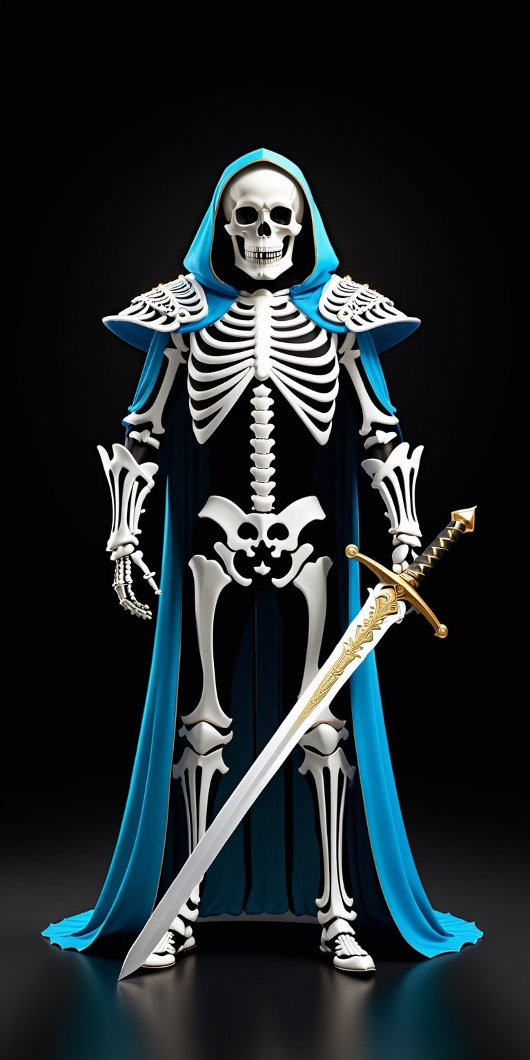 "Design a captivating image of a skeleton adorned in a Halloween costume, wielding a sword. The focus should be on crafting a detailed and creative composition. The skeleton's costume should be visually engaging, and the sword should add an element of intrigue. Ensure the image is high-resolution to capture the intricacies of the costume and sword. Consider using a medium to close-up lens to emphasize the details."