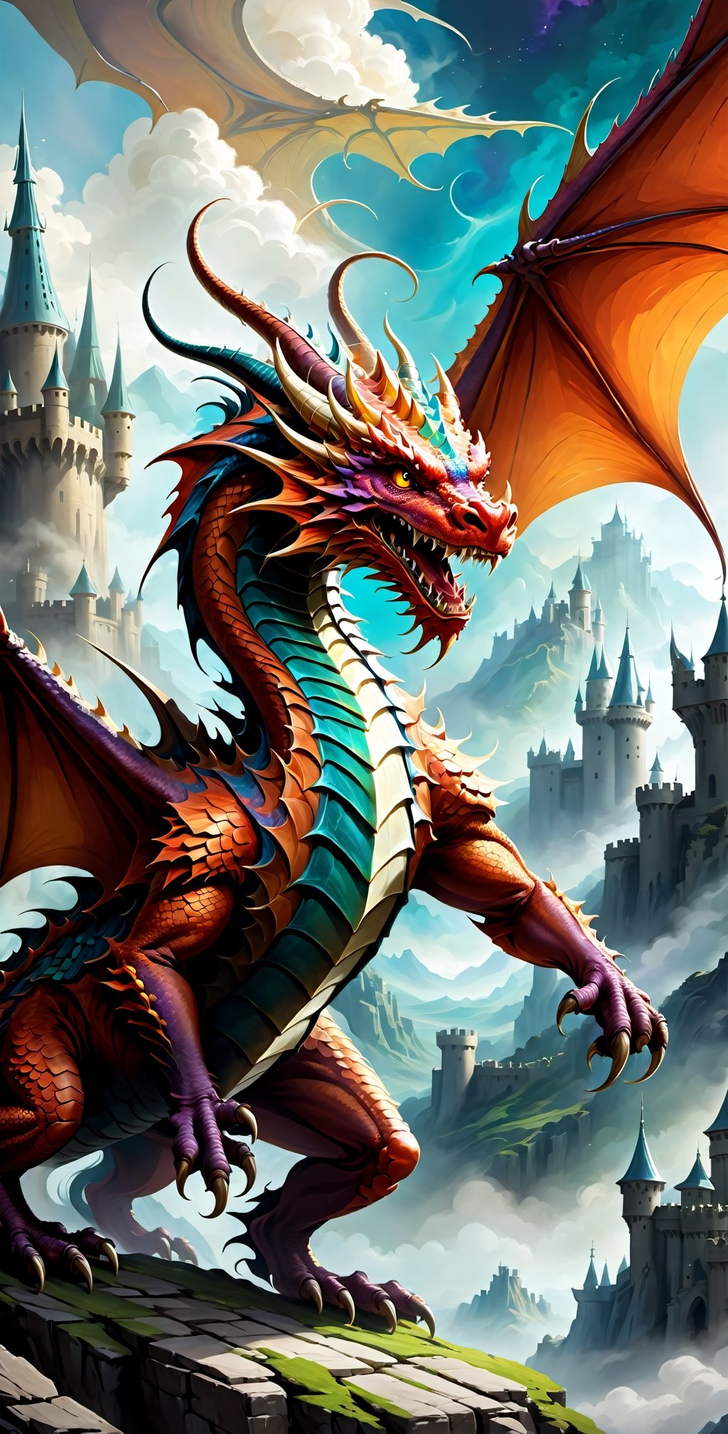 Create a digital illustration of a ((("Fantasy Dragon"))) inspired by the works of renowned fantasy artist Wayne Reynolds. The dragon should be in a dynamic mid-flight pose against a backdrop of an ancient, sprawling castle. Apply a detailed and painterly art style, using rich, vivid colors and fine textures. The camera shot should be a dynamic extreme close-up to emphasize the dragon's fierce expression.