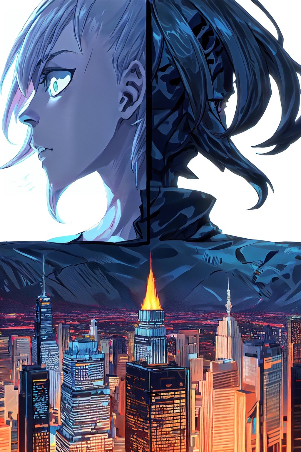 A digital illustration of a ((("Sci-Fi Anime Boy"))) in a futuristic cyberpunk cityscape. The character should have futuristic cyber enhancements, and the city should be filled with neon lights and advanced technology. The art style should be influenced by classic cyberpunk aesthetics. Use a fish-eye lens for a dynamic, distorted view of the futuristic world and emphasize the character's cool demeanor.