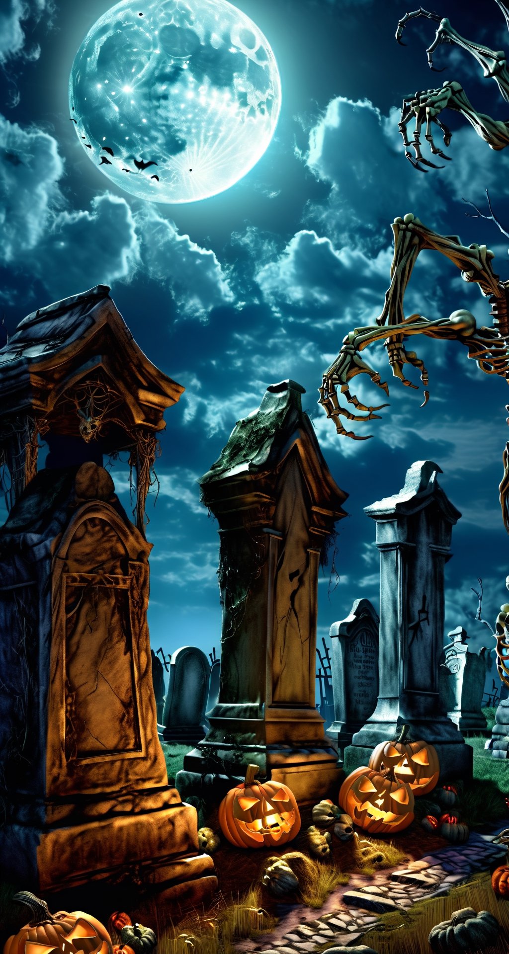 "Craft a jaw-dropping, hyperrealistic 8K image that brings to life a spine-tingling graveyard scene under the glow of a full moon on Halloween night. The scene should be filled with an eerie mist, and the jack-o'-lanterns should emit a ghostly, glowing light. Every detail should be immaculately rendered, from the tombstones to the misty atmosphere. Utilize high-resolution technology and high-dynamic-range (HDR) techniques to create a truly immersive and photorealistic masterpiece."