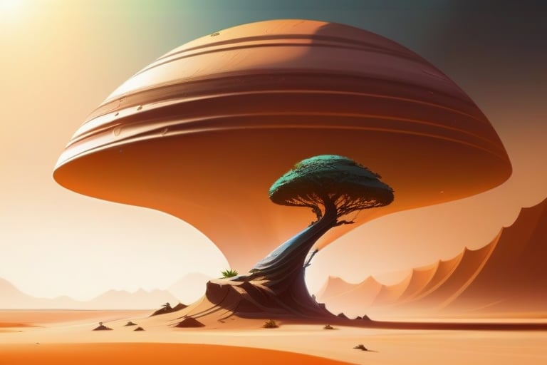 A desert planet with towering sand dunes and a single, solitary tree, inhabited by a nomadic alien tribe.