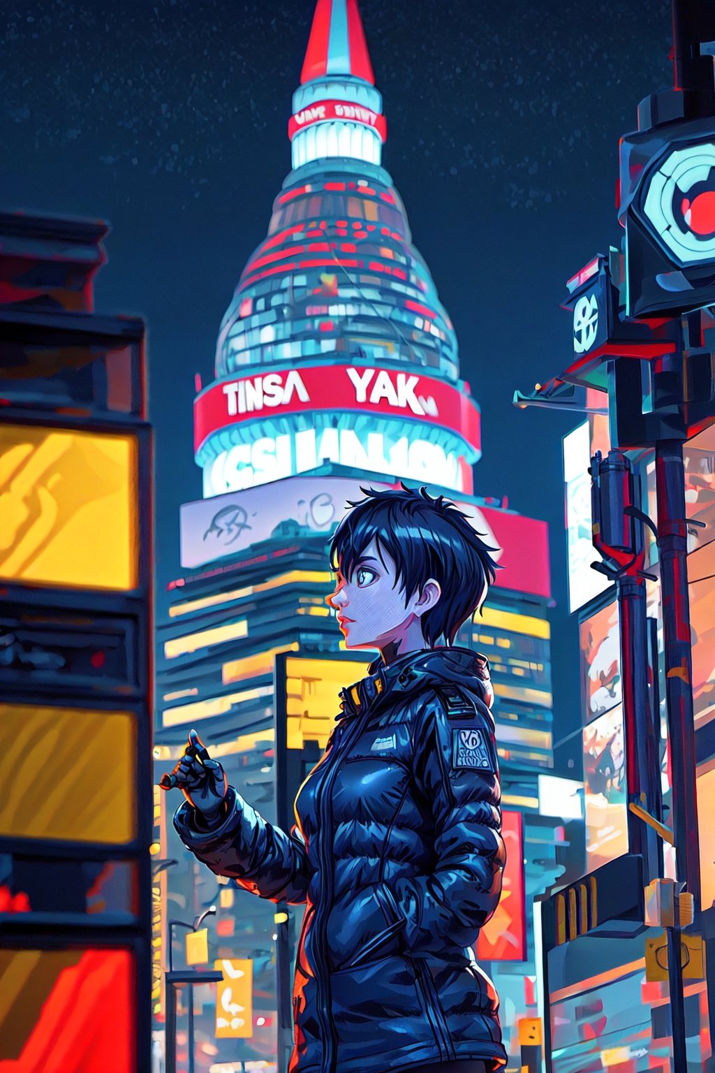 A digital illustration of a ((("Sci-Fi Anime Boy"))) in a futuristic cyberpunk cityscape. The character should have futuristic cyber enhancements, and the city should be filled with neon lights and advanced technology. The art style should be influenced by classic cyberpunk aesthetics. Use a fish-eye lens for a dynamic, distorted view of the futuristic world and emphasize the character's cool demeanor.