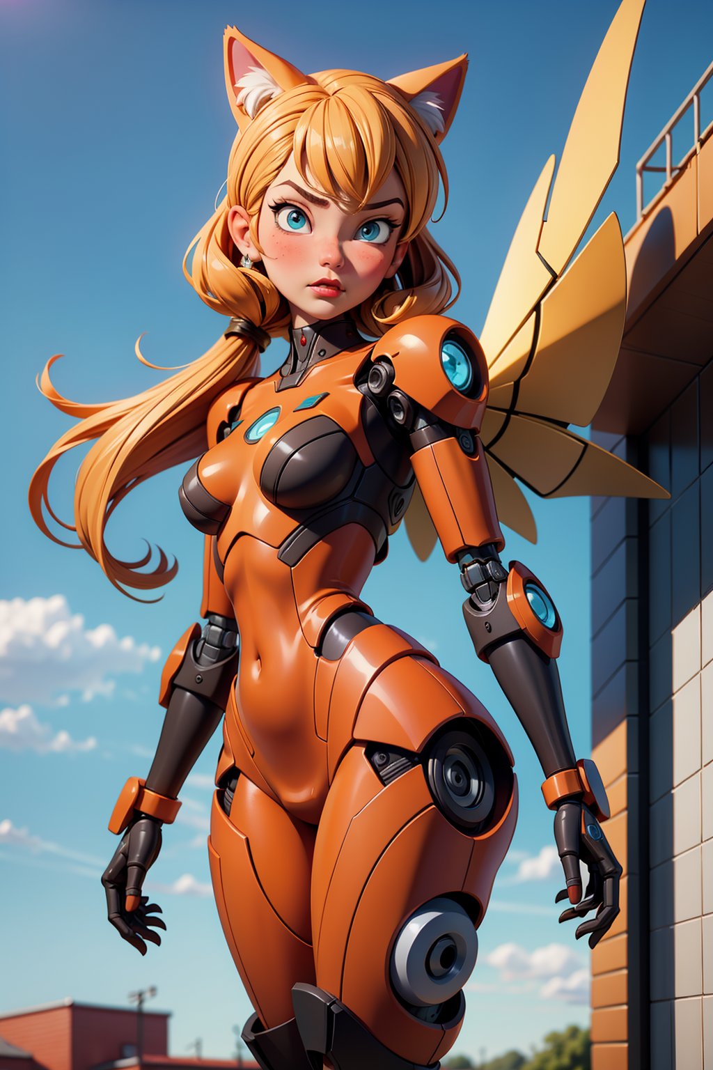 masterpiece,best quality,ultra-detailed, , 1girl,solo,, orange city theme, mecha musume, mechanical parts,robot joints, blush,standing,cowboy shot, cat ears,sakamata, ,TinkerWaifu