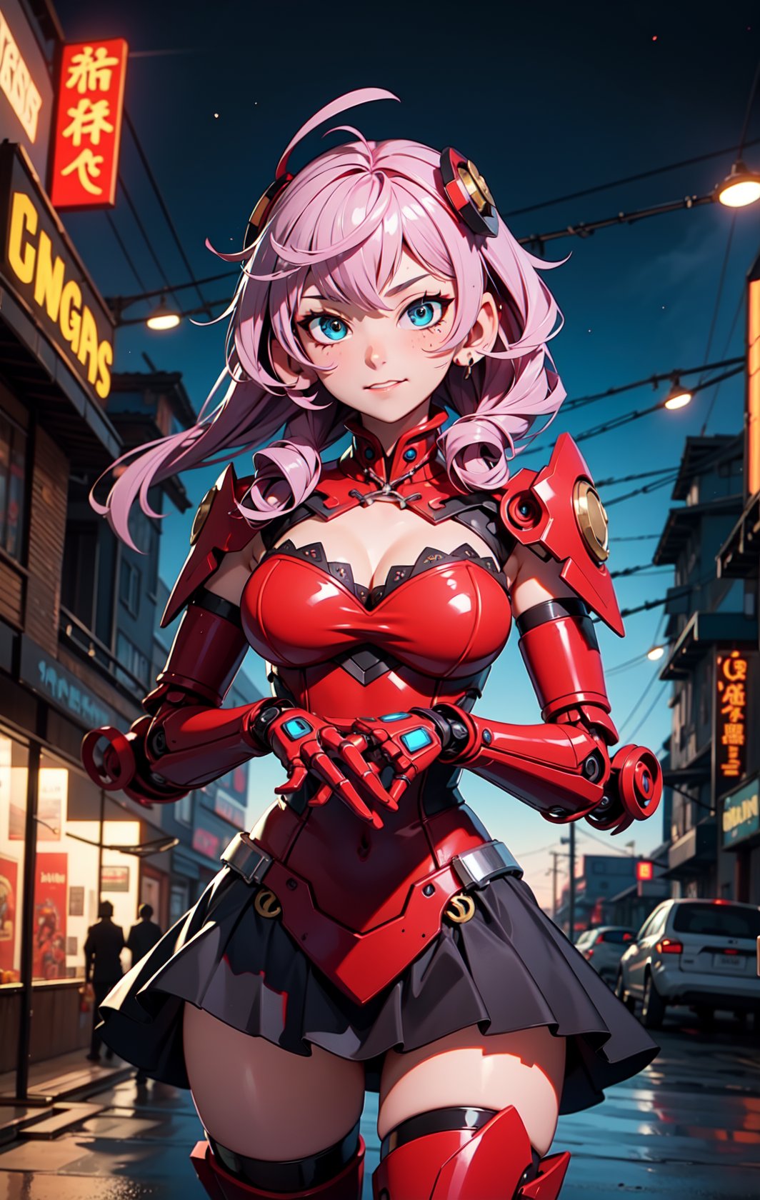 masterpiece,best quality,ultra-detailed, perfect hands,1girl,solo,, cyberpunk war zone  night city theme, long withe hair, blue eyes, mechanical parts,robot joints, blush,cowboy epic shot, ,sakamata, 
,TinkerWaifu,mecha musume,destiny /(takt op./)