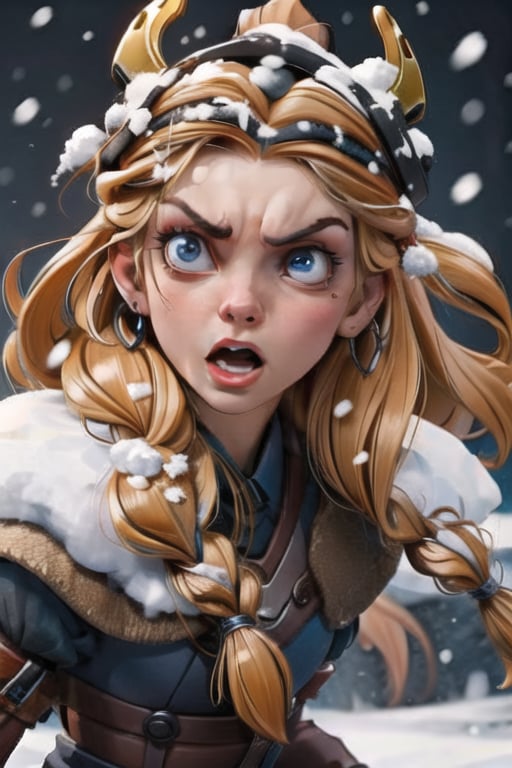 masterpiece, best quality,angry viking woman, snow background, covered with snow,entire body,AliceWonderlandWaifu