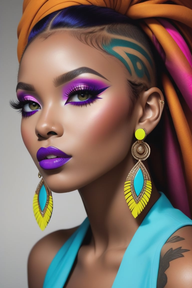 Photorealistic, Photo of African woman, colrful hair, huge eyelashes, huge bold eyelines, neon bold eyeshadows, high quality, colorful tattoos, huge earrings,photorealistic