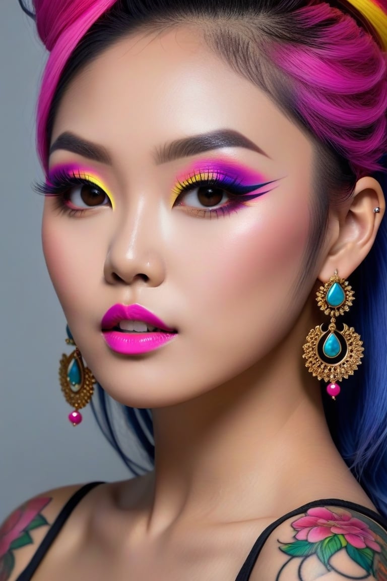 Photorealistic, Photo of Asian woman, colrful hair, huge eyelashes, huge bold eyelines, neon bold eyeshadows, high quality, colorful tattoos, huge earrings,photorealistic