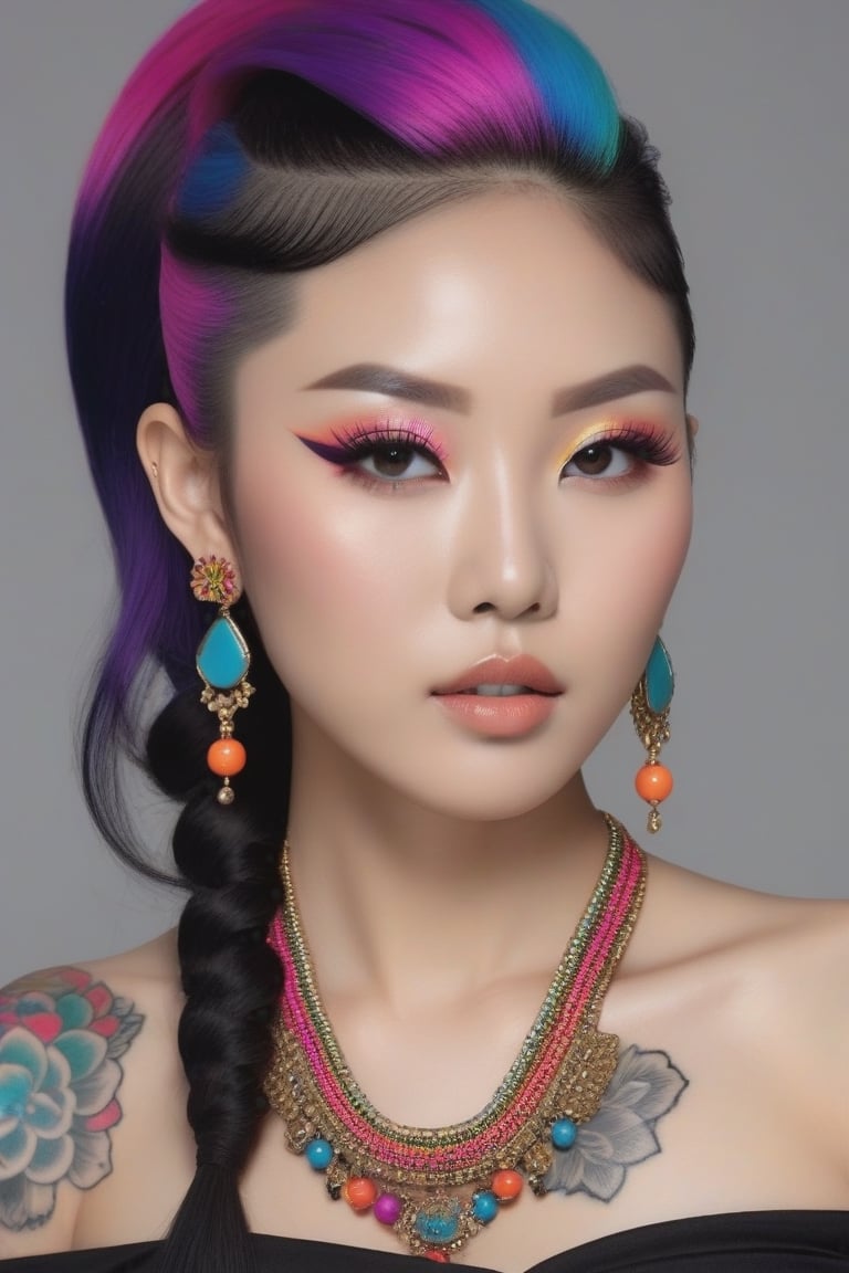 Photorealistic, Photo of Asian woman, colrful hair, huge eyelashes, huge bold eyelines, neon bold eyeshadows, high quality, colorful tattoos, huge earrings,photorealistic,Masterpiece