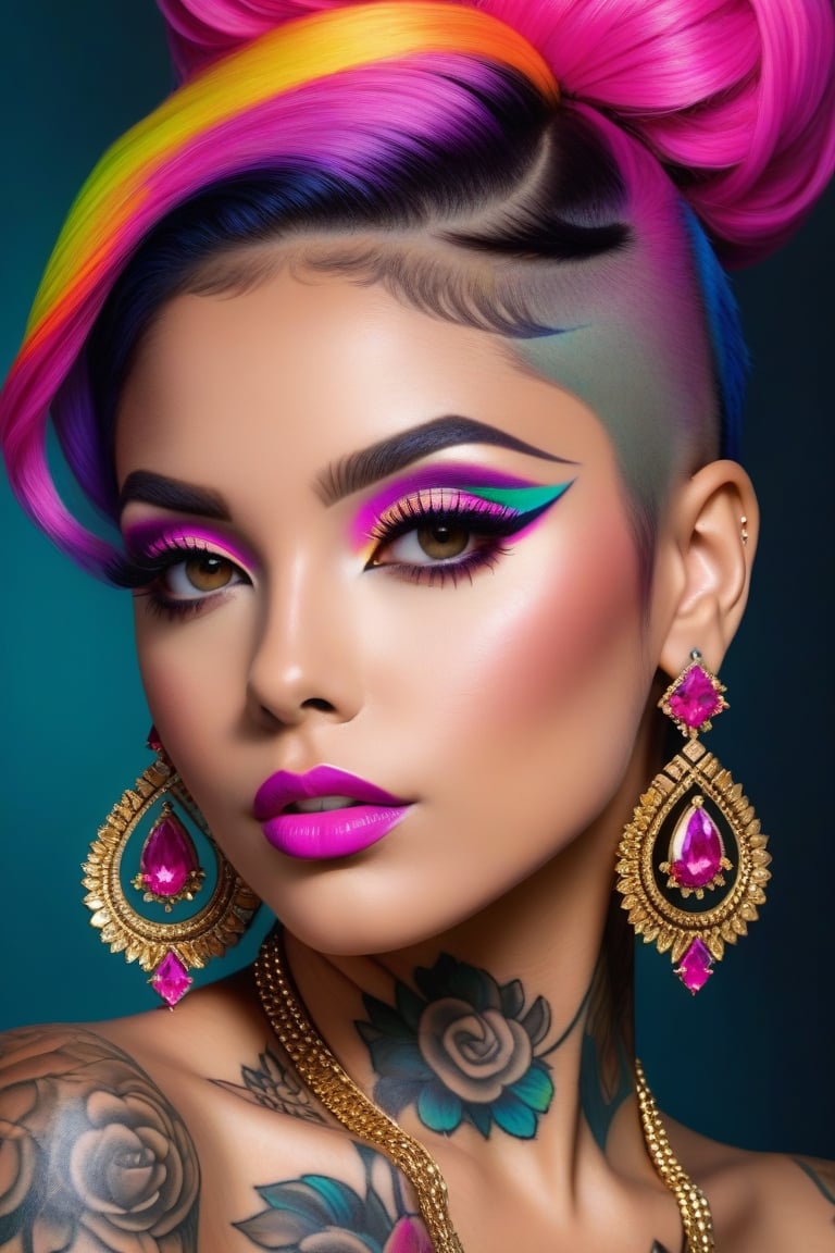 Photorealistic, Photo of Latina woman, colrful hair, huge eyelashes, huge bold eyelines, neon bold eyeshadows, high quality, colorful tattoos, huge earrings,photorealistic,Masterpiece,sdxl