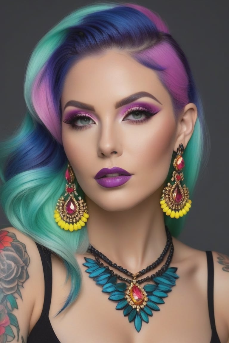 Photorealistic, Photo of MILF, colrful hair, huge eyelashes, huge bold eyelines, neon bold eyeshadows, high quality, colorful tattoos, huge earrings,photorealistic,Masterpiece,sdxl