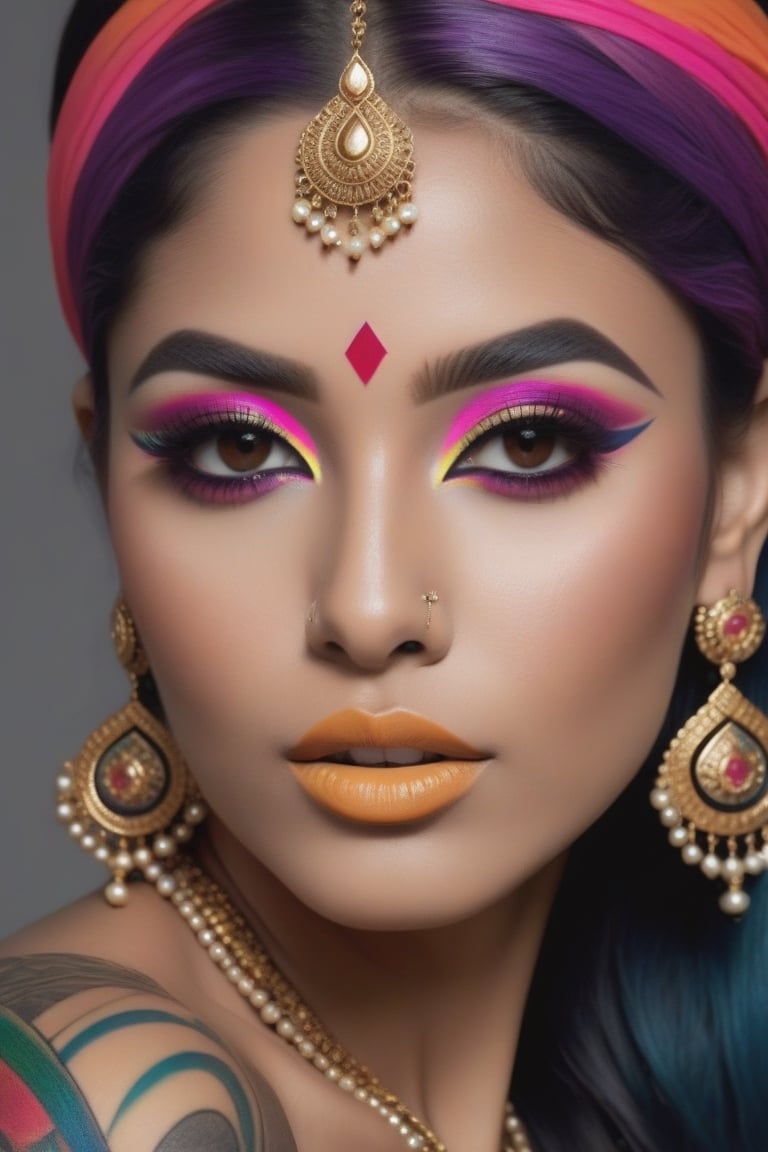 Photorealistic, Photo of Indian woman, colrful hair, huge eyelashes, huge bold eyelines, neon bold eyeshadows, high quality, colorful tattoos, huge earrings,photorealistic,Masterpiece