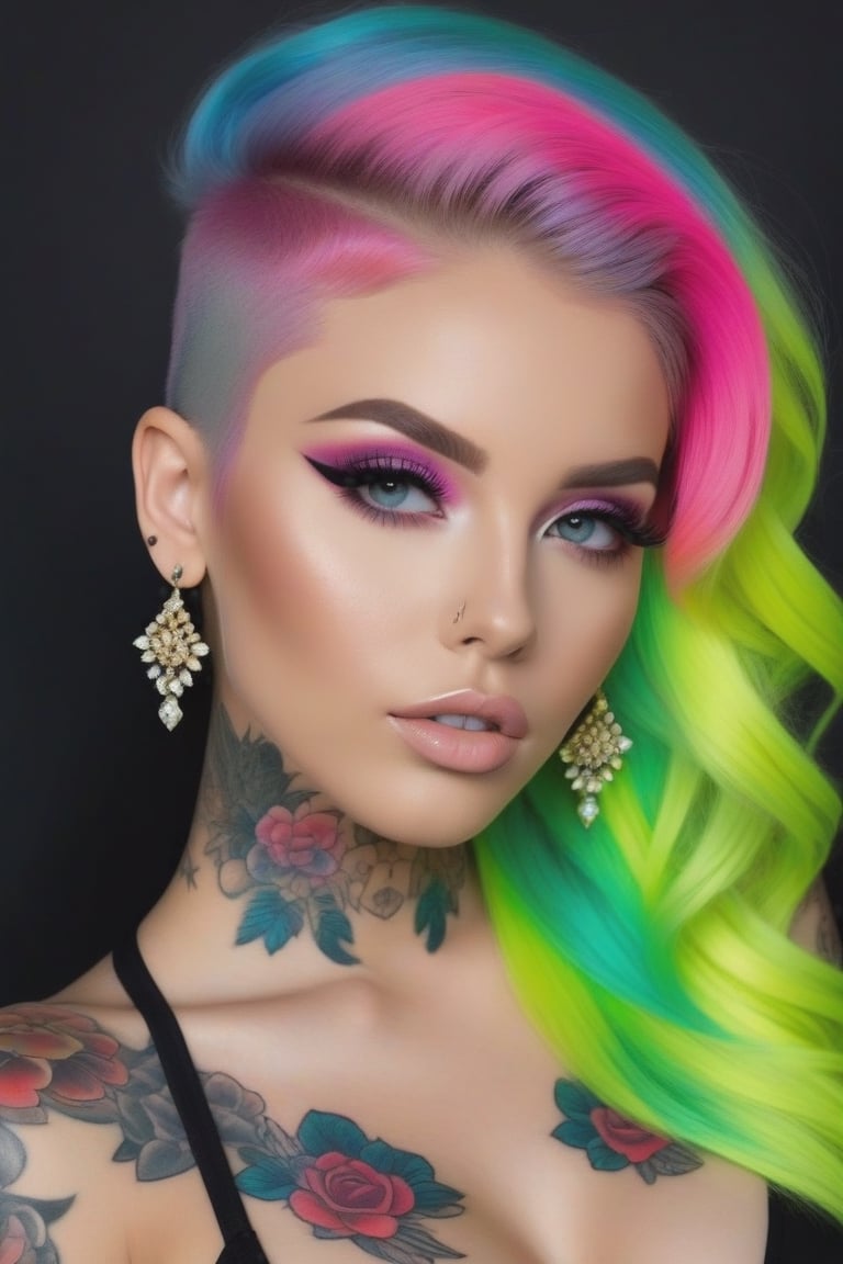 Photorealistic, Photo of European woman, colrful hair, huge eyelashes, huge bold eyelines, neon bold eyeshadows, high quality, colorful tattoos, huge earrings,realistic