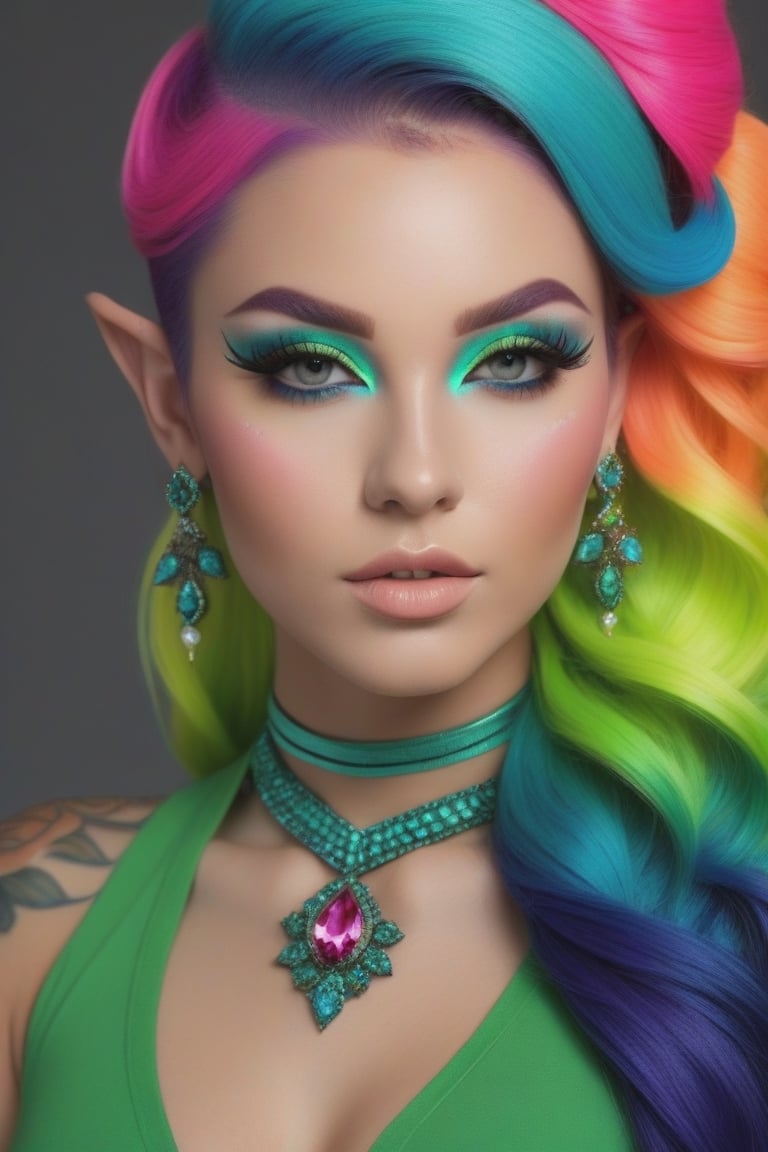 Photorealistic, Photo of Elf, colrful hair, huge eyelashes, huge bold eyelines, neon bold eyeshadows, high quality, colorful tattoos, huge earrings,photorealistic,Masterpiece,sdxl