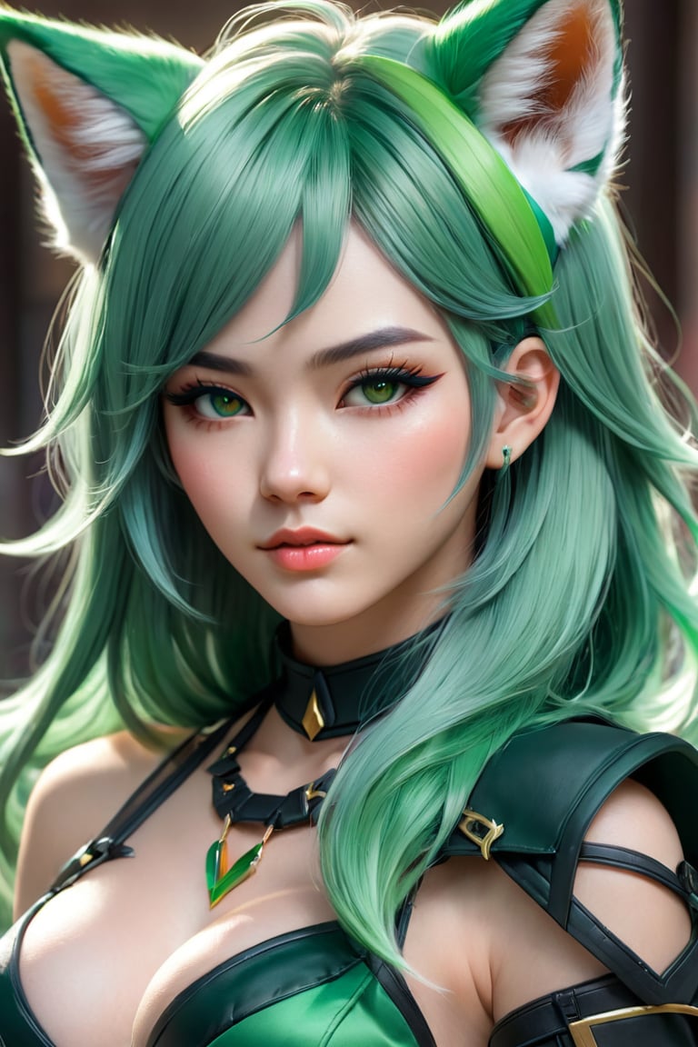 a close up of a woman with green hair and a cat ear, ross tran 8 k, extremely detailed artgerm, artgerm on artstation pixiv, girl with fox ears, deviantart artstation cgscosiety, inspired by WLOP, fanart best artstation, artgerm portrait, artgerm. anime illustration, fantasy concept art portrait