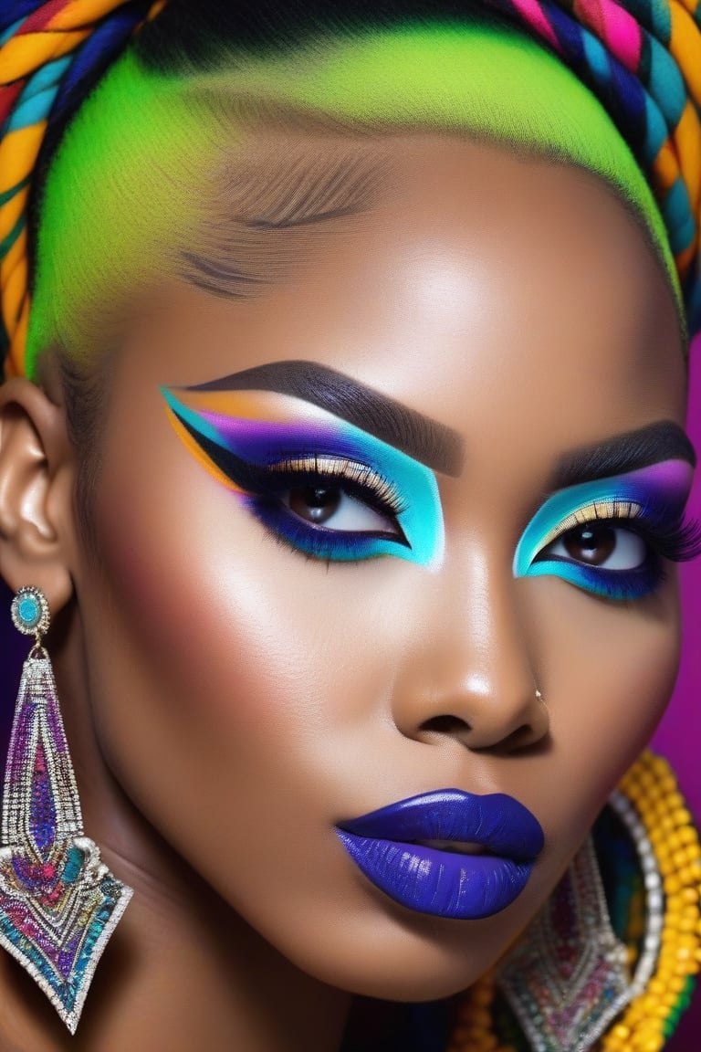 Photorealistic, Photo of African woman, colrful hair, huge eyelashes, huge bold eyelines, neon bold eyeshadows, high quality, colorful tattoos, huge earrings,photorealistic