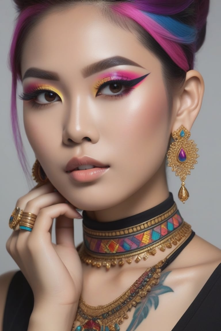 Photorealistic, Photo of Thai woman, colrful hair, huge eyelashes, huge bold eyelines, neon bold eyeshadows, high quality, colorful tattoos, huge earrings,photorealistic,Masterpiece,sdxl