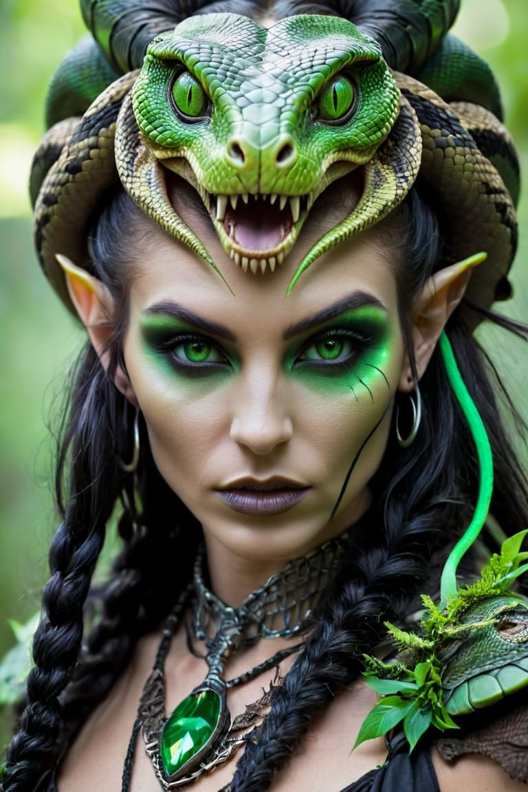 a close up of a woman with a green head and green eyes, beautiful female druid, female humanoid creature, snake woman hybrid, cyberpunk angry gorgeous druid, hot reptile humanoid woman, alien woman, portrait of a female druid, gothic maiden shaman, beautiful necromancer, female alien, portrait of a female necromancer, beautiful female gorgon