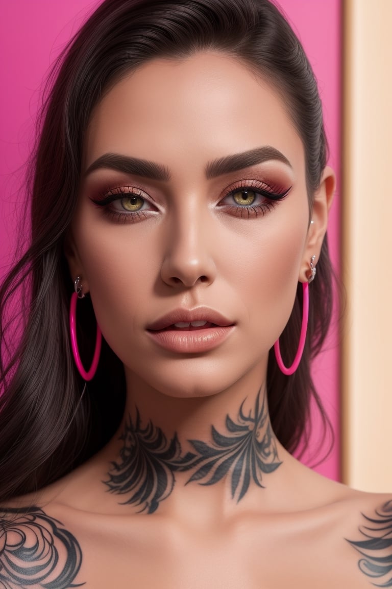 Photorealistic, Photo of European woman, colrful hair, huge eyelashes, huge bold eyelines, neon bold eyeshadows, high quality, colorful tattoos, huge earrings,realistic