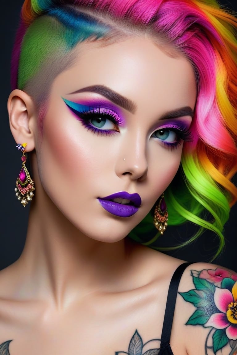 Photorealistic, Photo of European woman, colrful hair, huge eyelashes, huge bold eyelines, neon bold eyeshadows, high quality, colorful tattoos, huge earrings,photorealistic