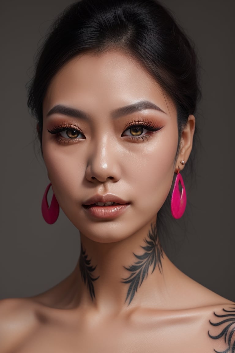 Photorealistic, Photo of Asian woman, colrful hair, huge eyelashes, huge bold eyelines, neon bold eyeshadows, high quality, colorful tattoos, huge earrings,photorealistic,Masterpiece