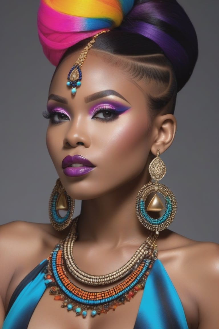 Photorealistic, Photo of African woman, colrful hair, huge eyelashes, huge bold eyelines, neon bold eyeshadows, high quality, colorful tattoos, huge earrings,photorealistic