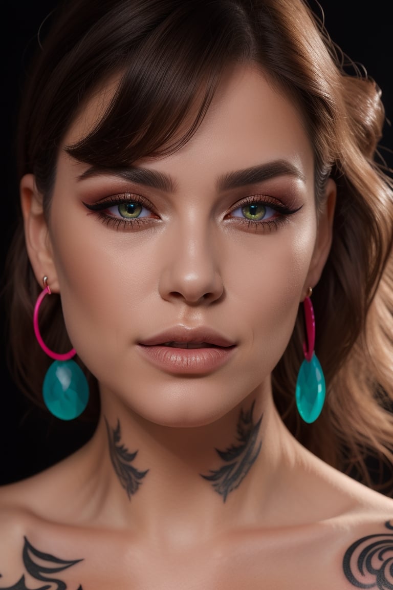 Photorealistic, Photo of European woman, colrful hair, huge eyelashes, huge bold eyelines, neon bold eyeshadows, high quality, colorful tattoos, huge earrings