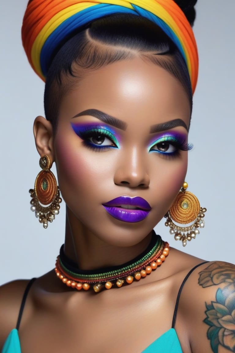 Photorealistic, Photo of African woman, colrful hair, huge eyelashes, huge bold eyelines, neon bold eyeshadows, high quality, colorful tattoos, huge earrings,photorealistic