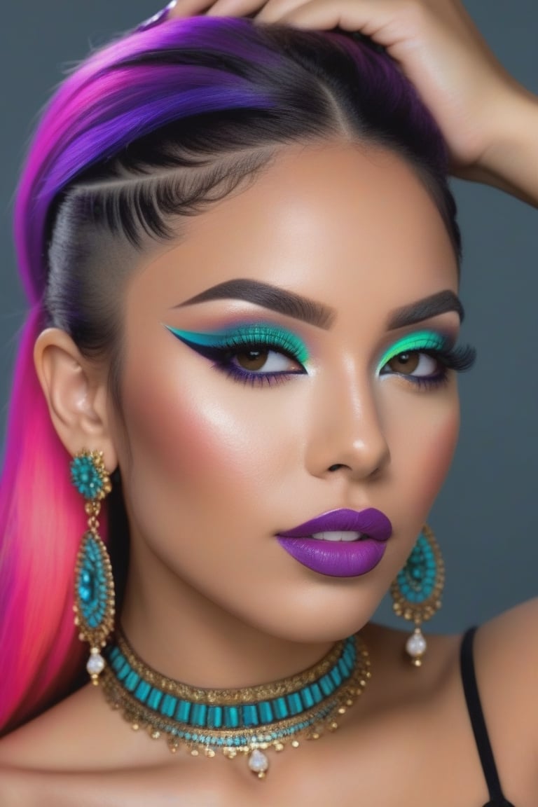 Photorealistic, Photo of Latina woman, colrful hair, huge eyelashes, huge bold eyelines, neon bold eyeshadows, high quality, colorful tattoos, huge earrings,photorealistic,Masterpiece