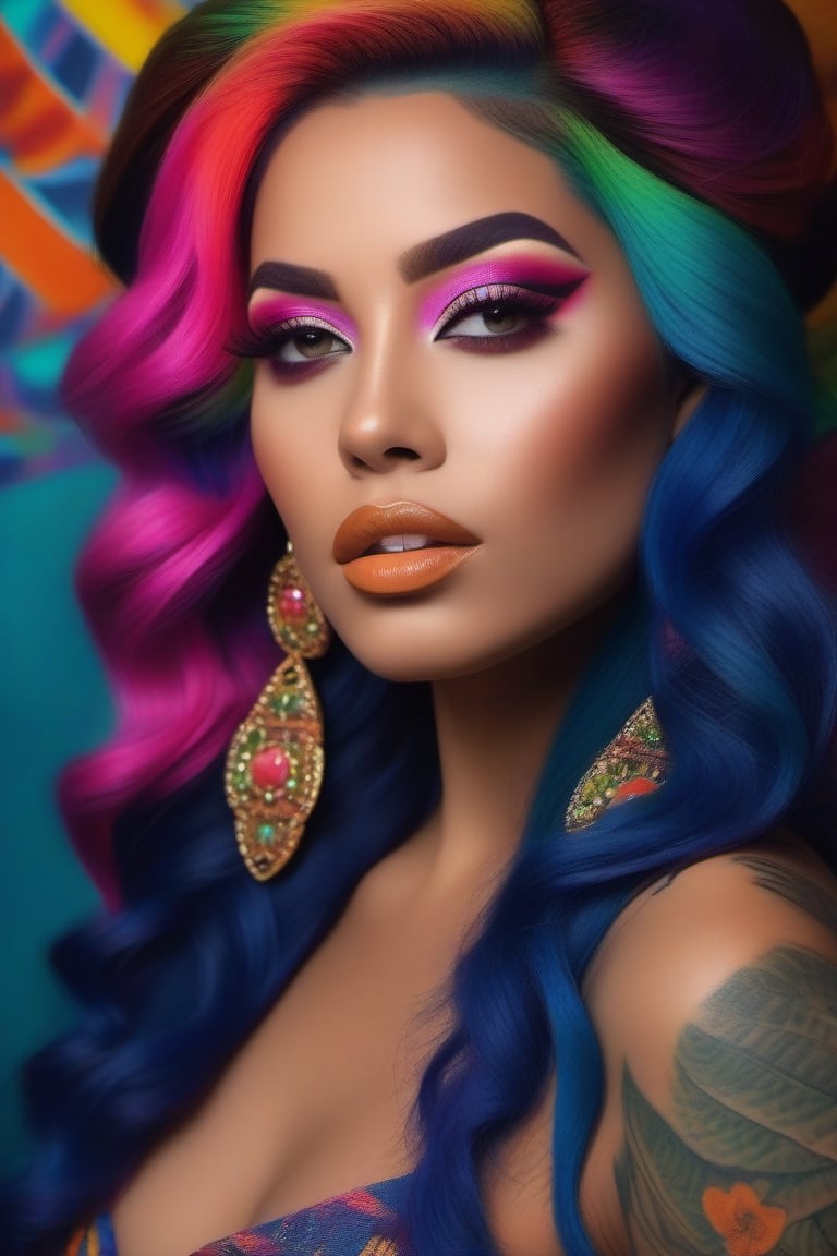 Photorealistic, Photo of Latina woman, colrful hair, huge eyelashes, huge bold eyelines, neon bold eyeshadows, high quality, colorful tattoos, huge earrings,photorealistic,Masterpiece