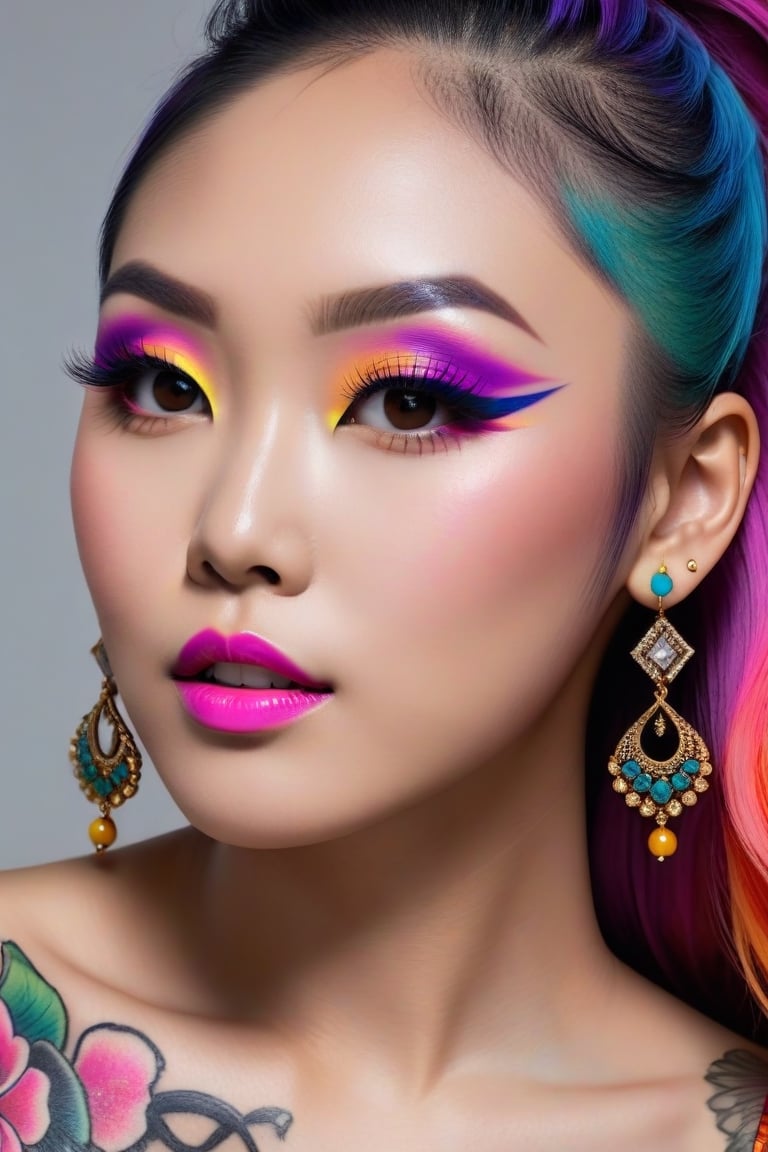 Photorealistic, Photo of Asian woman, colrful hair, huge eyelashes, huge bold eyelines, neon bold eyeshadows, high quality, colorful tattoos, huge earrings,photorealistic