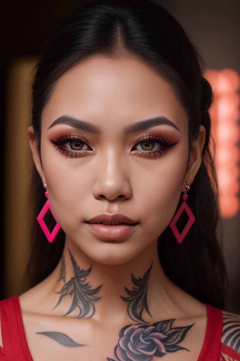 Photorealistic, Photo of Thai woman, colrful hair, huge eyelashes, huge bold eyelines, neon bold eyeshadows, high quality, colorful tattoos, huge earrings,photorealistic,Masterpiece,sdxl