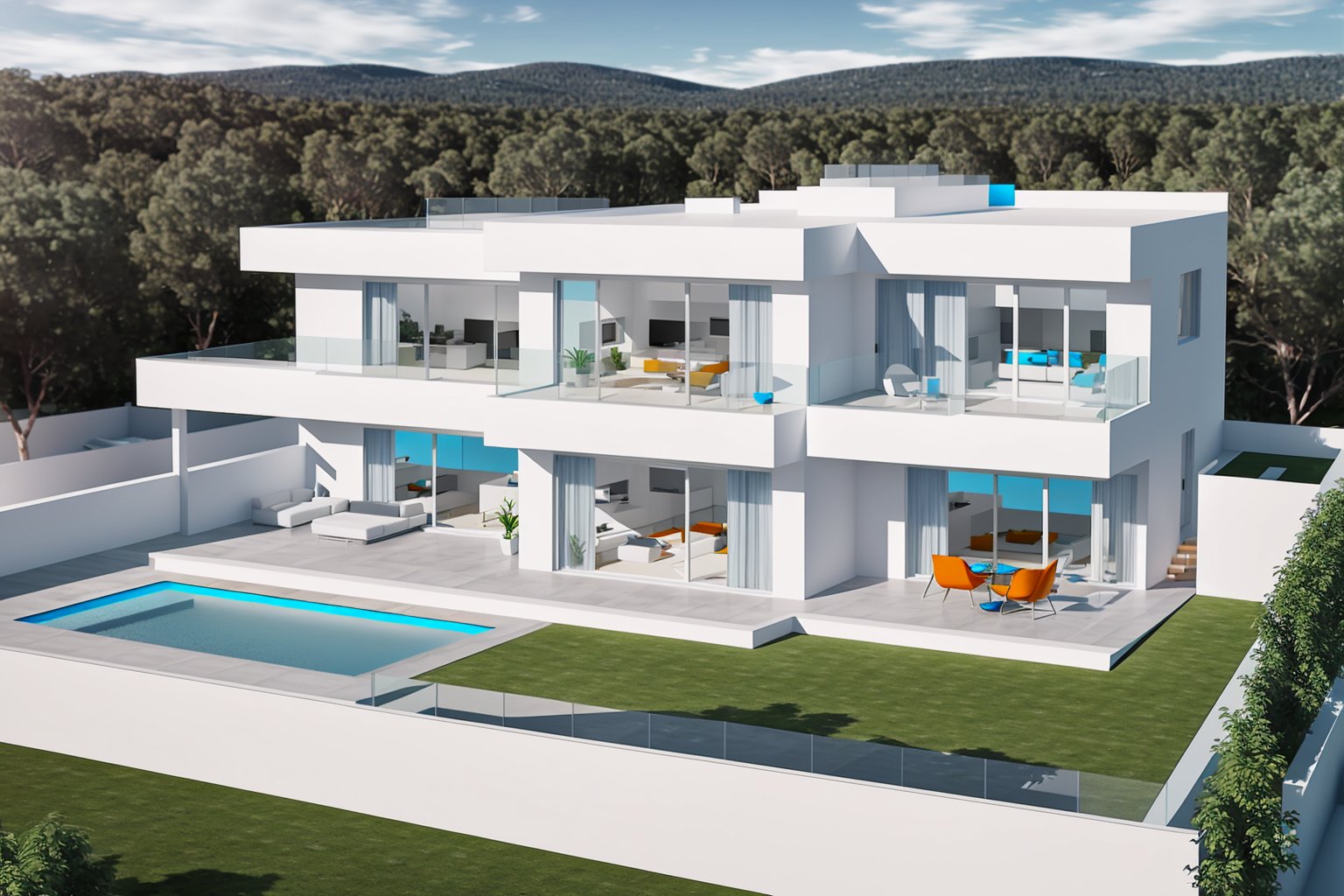 bird view render to fine finish,sleek finish ,white walls and blue glass ,modern home