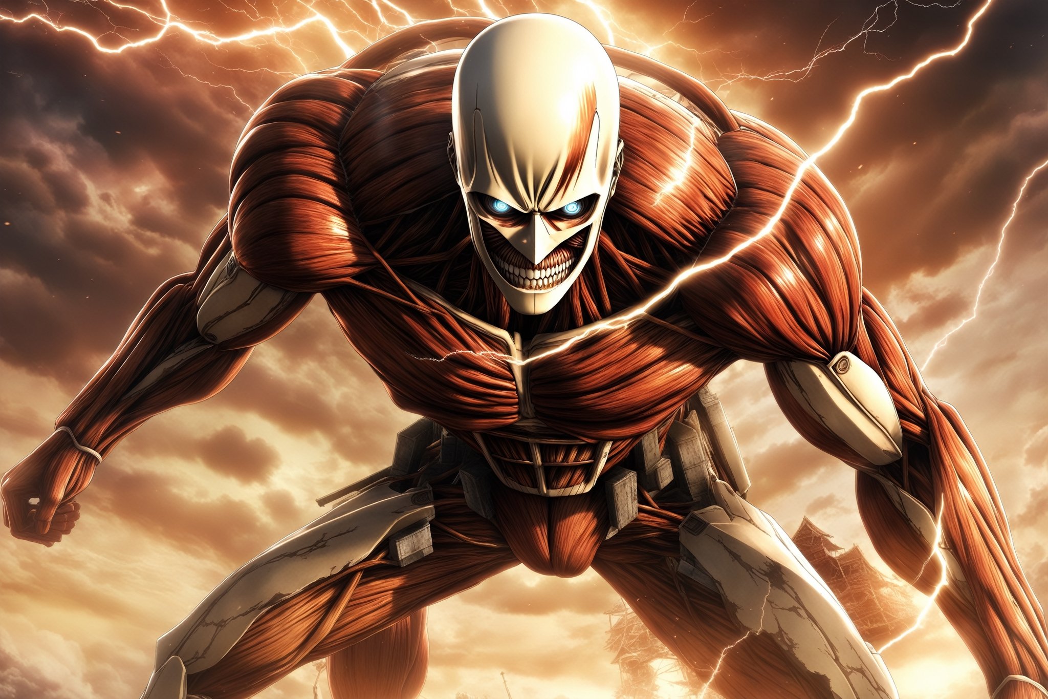 masterpiece, best quality, ultra detailed, wallpaper, 8k, uhd, attack on titan, titan transformation, steam, lightning