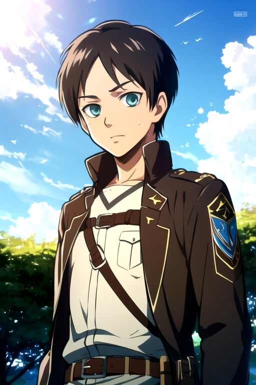 masterpiece, best quality, high quality, 1boy, solo, male focus, looking at viewer, eren_yeager, brown hair, green eyes, paradis military uniform, three-dimensional maneuver gear