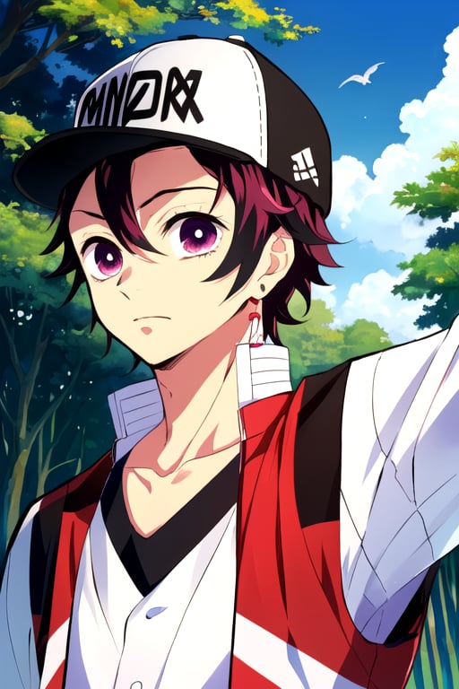 masterpiece, best quality, 1boy, male focus, baseball cap, closed mouth, hat, looking at viewer, shirt, short hair, solo, upper body ,The Isle of the Dragon,mika pikazo, kamado_tanjirou