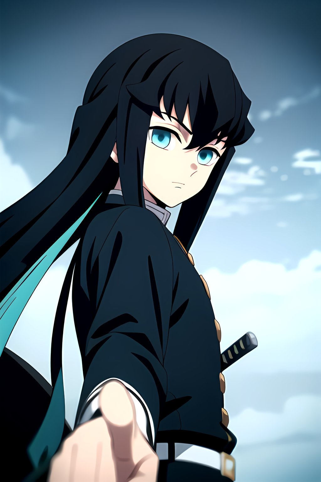 masterpiece, best quality, high quality, 1boy, solo, male focus, looking at viewer, turquoise eyes, tokitou_muichirou, black hair, long hair, bangs, two-tone hair, demon slayer uniform